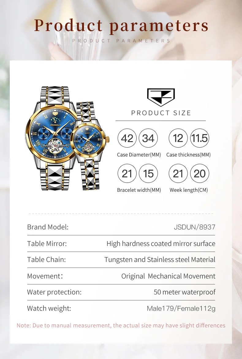 JSDUN парные часы автоматический механический турбийон дизайн Вольфрамовая сталь Водонепроницаемый месяц фаза Дата Неделя влюбленные наручные часы набор
