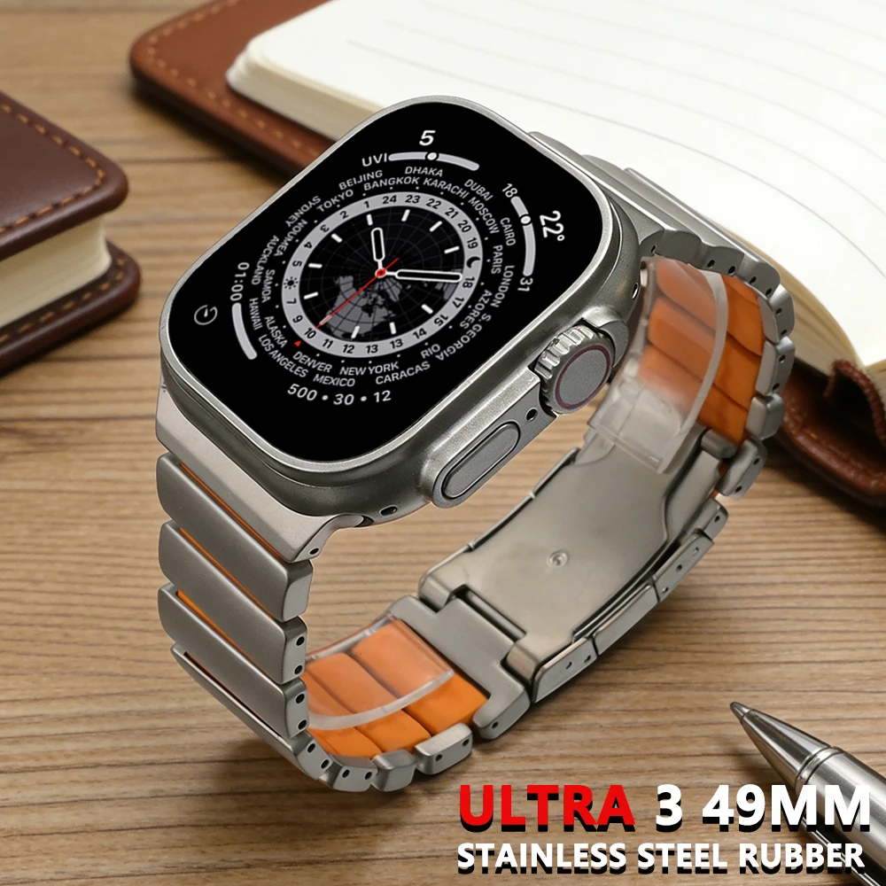 

Stainless Steel Watchband for Apple Watch Ultra 3 2 49mm 46mm 45mm 44mm Luxury Rubber Band For Iwatch 11 10 9 8 7 6 5 SE3 Straps