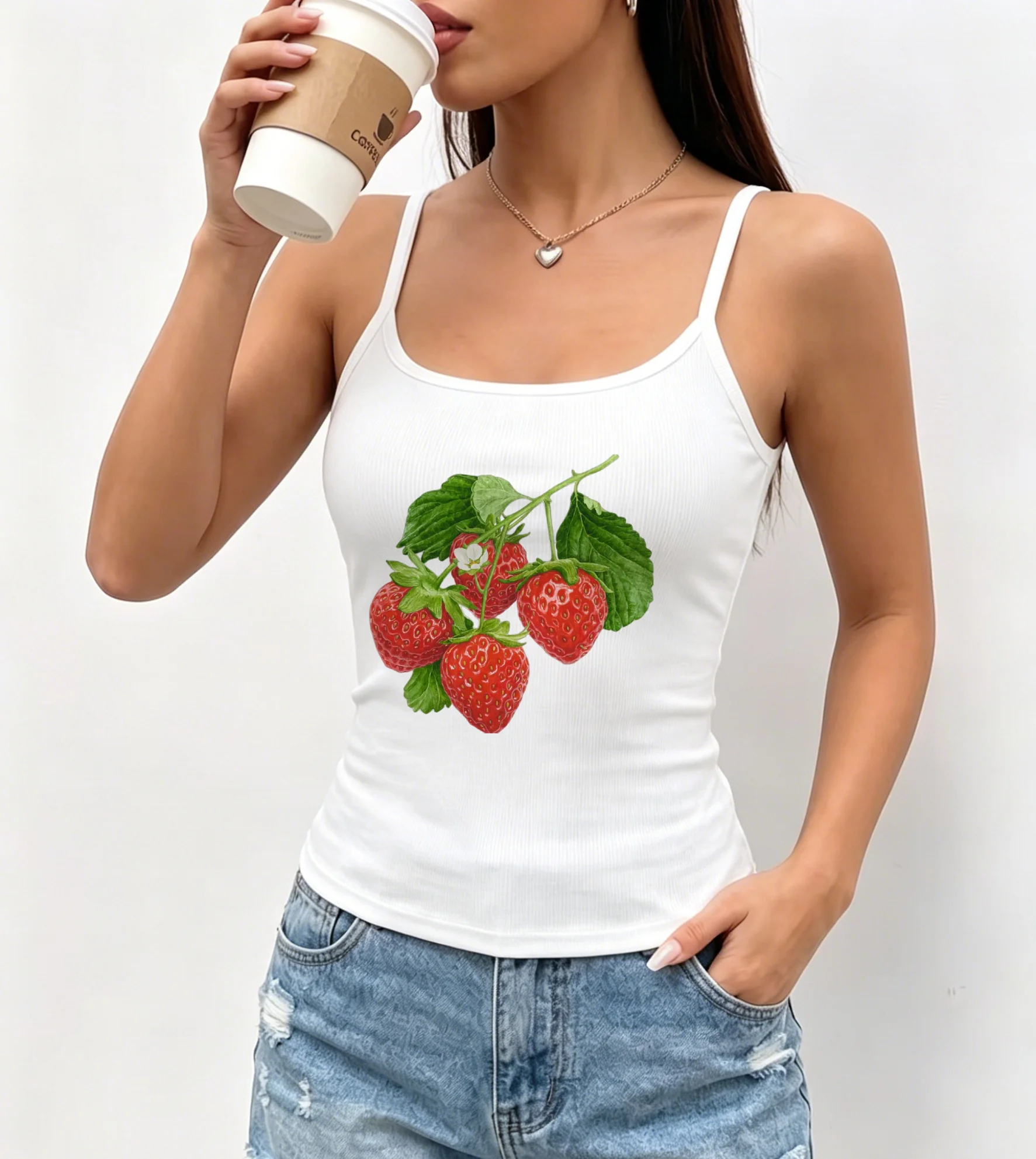Y2K Aesthetic Women Spaghetti Strap Camisole Cute Strawberry Fruit Print Slim Sleeveless Tank Top Summer Daily Casual Vest