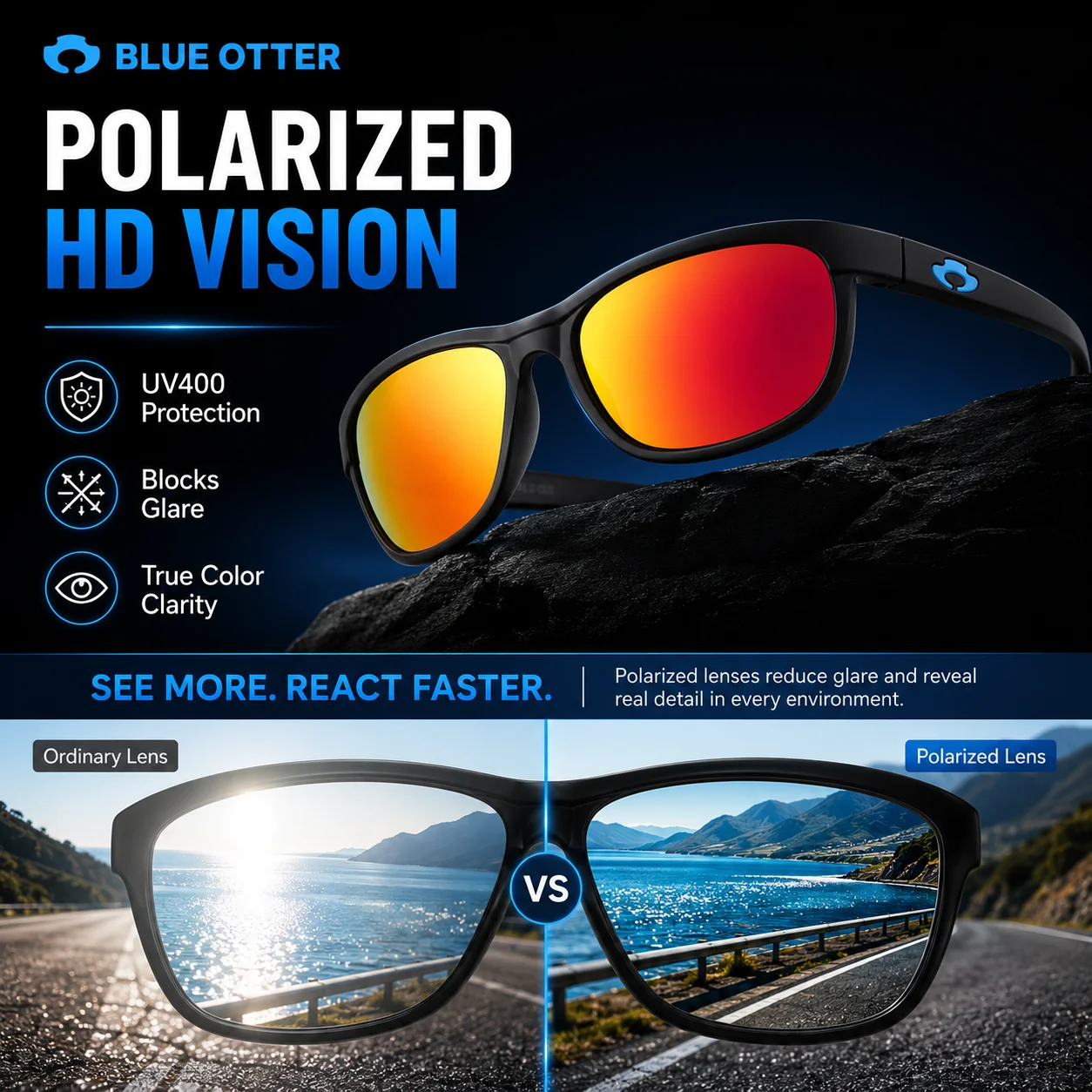 BLUE OTTER Polarized Sunglasses Men Women UV400 Outdoor Sports Glasses for Fishing Cycling Running Hiking Driving BT01
