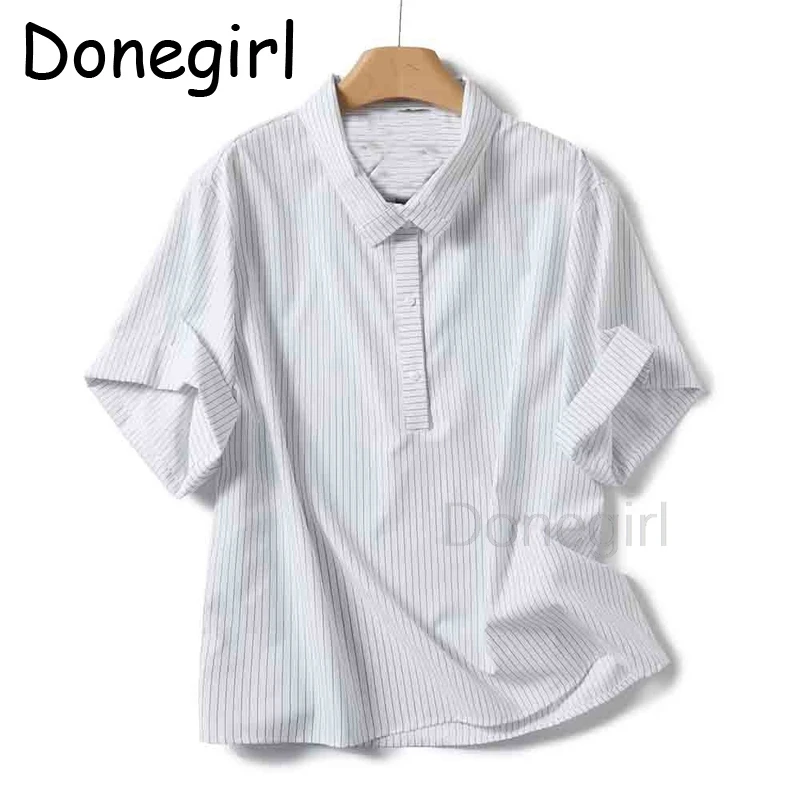 Donegirl Vrouwen 2024 Zomer Nieuwe Mode Werkplek Stijl Gestreept Korte Mouwen Shirt Chique Ronde Knoop Blouses Mujer