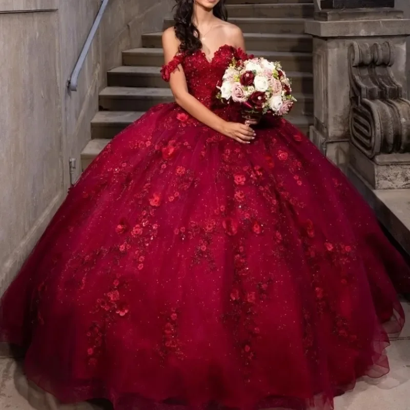 

Glitter Red Floral V-Neck Quinceanera Dresses Sexy Off-Shoulder Ball Gown Tull Birthday Party Mexico Corset Sweet Party Dress