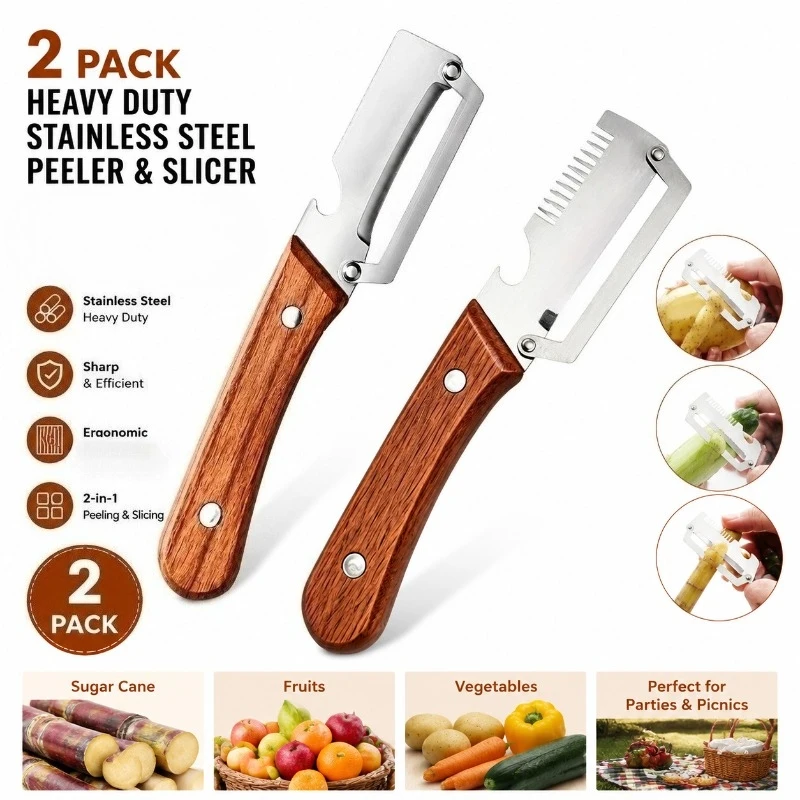 Two-Piece Heavy-Duty Stainless Steel Peeler and Slicer, Equipped with a Bottle Opener and Straight Blade Design. Suitable for Su