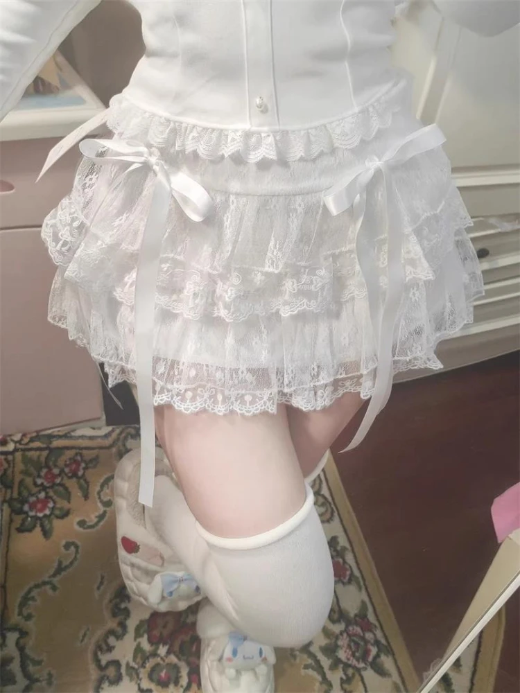 

Deeptown Sweet Kawaii Skirts Women Lolita Coquette Lace Bow Patchwork Mini Skirt White High Waist Cute Summer A-line Short Skirt