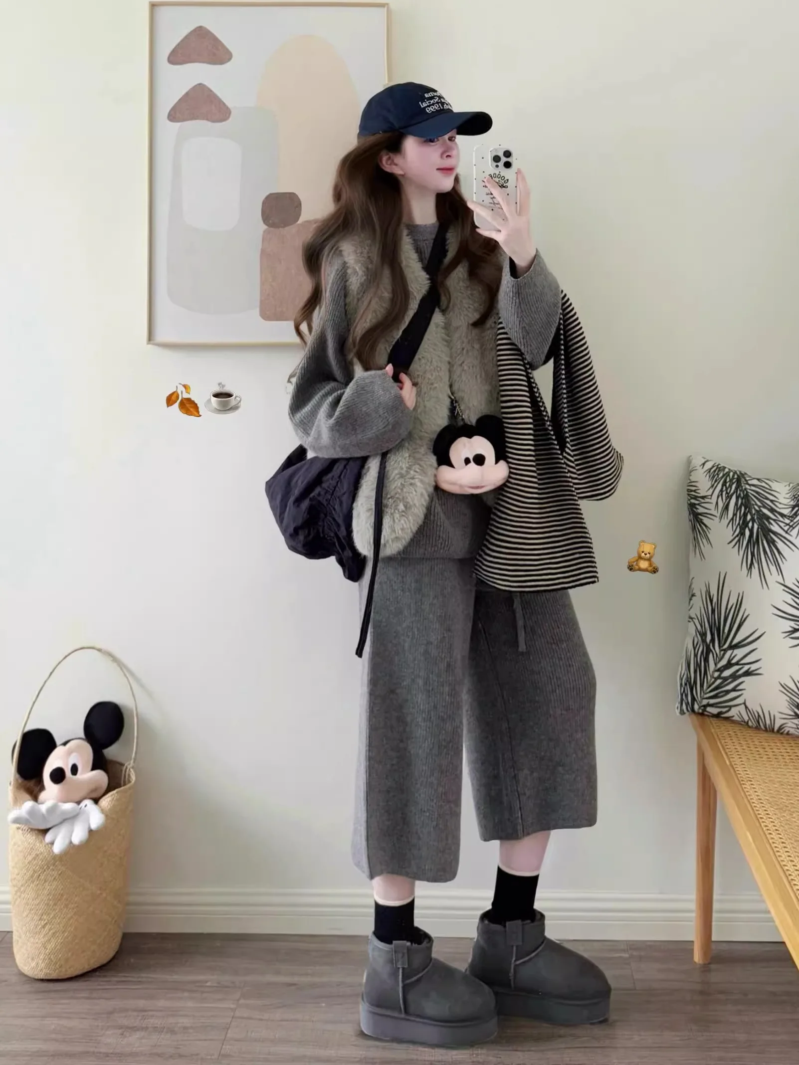

Laid-back Style Women's Knitted Furry Vest High Waist Wide Leg Pants Three-piece Set Winter Warm Polyester Casual Fashion