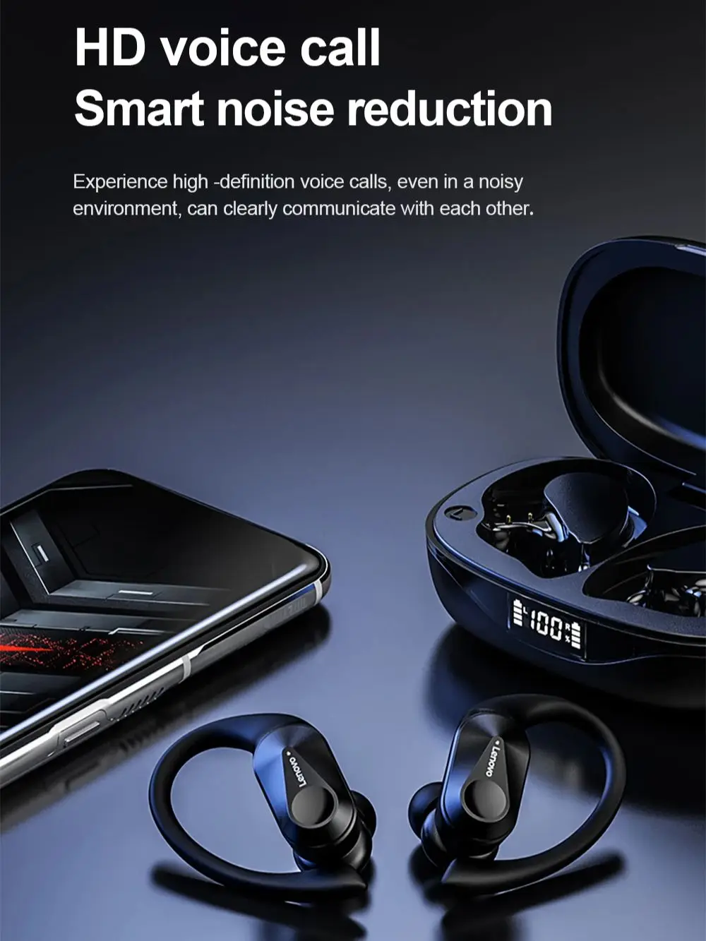 Bezprzewodowe słuchawki sportowe Lenovo LP75 z mikrofonami, sterowaniem przyciskiem, wyświetlaczem zasilania LED, dźwiękiem radia Hi-Fi Słuchawki Bluetooth 5.3 TWS — 2