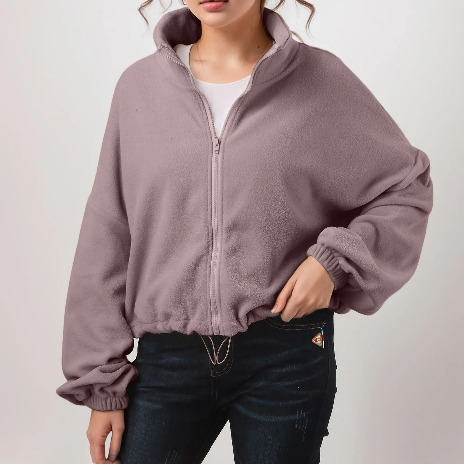 

Fleece Women Zip Up Sweatshirt Stand Collar Drawstring Hoodie Casual Autumn Winter Solid Color Sweatshirt