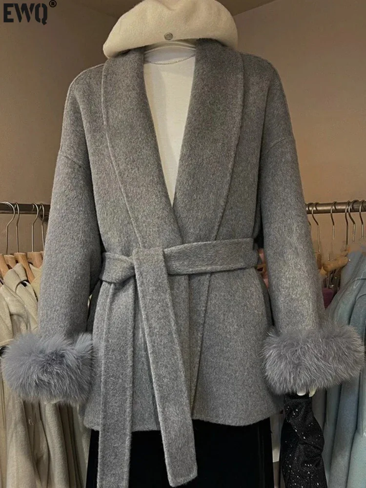 [EWQ] Flip Collar Fox Fur Double-sided Woolen Coat With Tie Up Middle Length Elegant Wool Jacket Women 2024 Spring Winter 6U7242