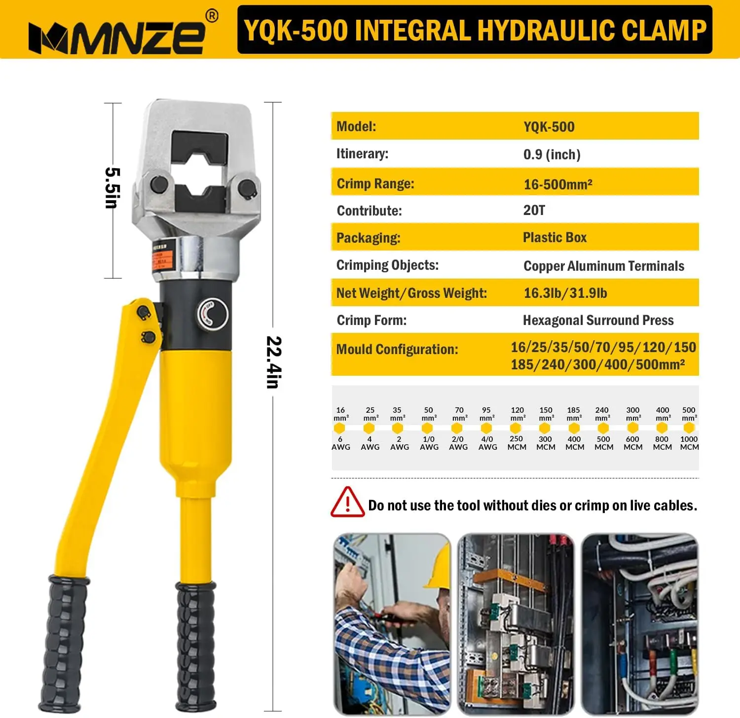 20 Ton Hydraulic Cable Lug Crimper Pliers 6 Awg To 1000 Mcm Hand Operated Hydraulic Crimping Tool Kit Wire Terminal Lug Battery