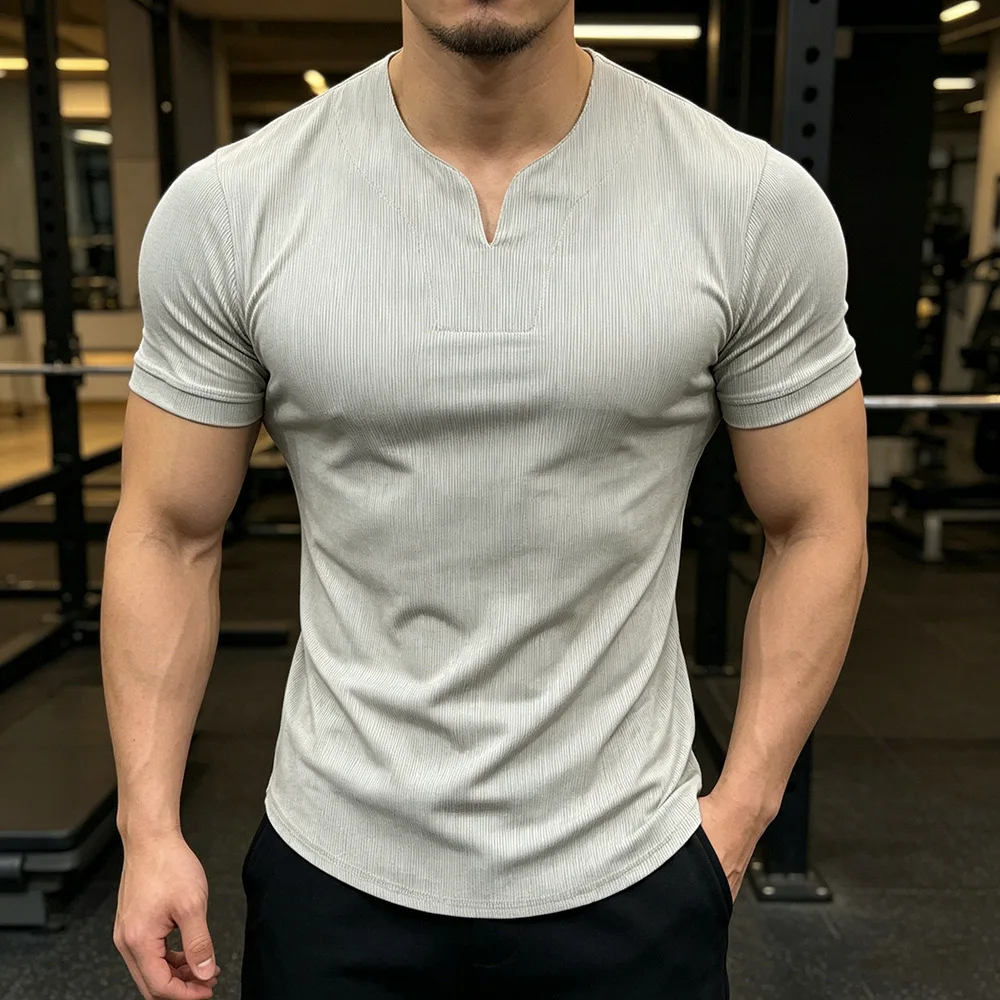 Men's Quick Dry Muscle Shirt Bodybuilding  V Neck Gym Workout T Shirt Summer Sports Striped Stretch Tee