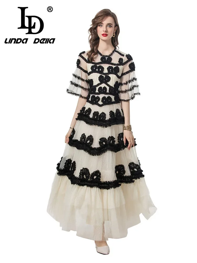 LD LINDA DELLA 2024 New Style Runway Designer Dress Women's Elegant Net Yarn Polka Dot Embroidery Edible Tree Fungus Dresses