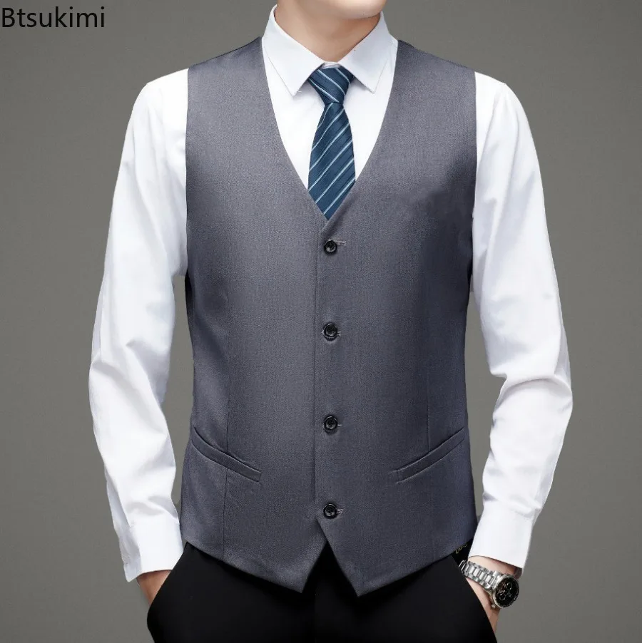 2025 nuevo traje de moda para hombre, chaleco con una botonadura, chaleco liso ajustado con cuello en V sin mangas, chaleco Formal para vestido de boda de negocios para hombre
