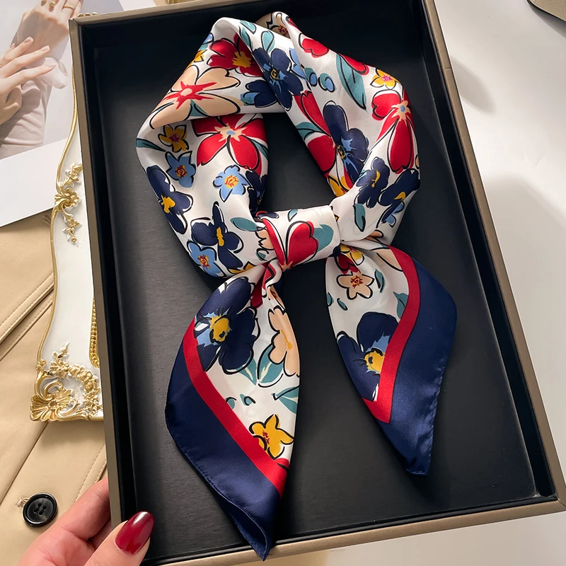 Luxury 2024 Floral Print Square Silk Scarf for Women Hijab Hair Bands Neckerchief Female Satin Shawl Ribbon Headband Fashion