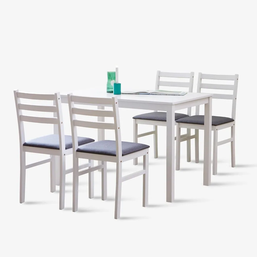 Seattle 5-Piece Wooden Dining Table Set for 4, Modern Farmhouse Kitchen Dining Room Set with Solid Wood Ladder Back Chairs for