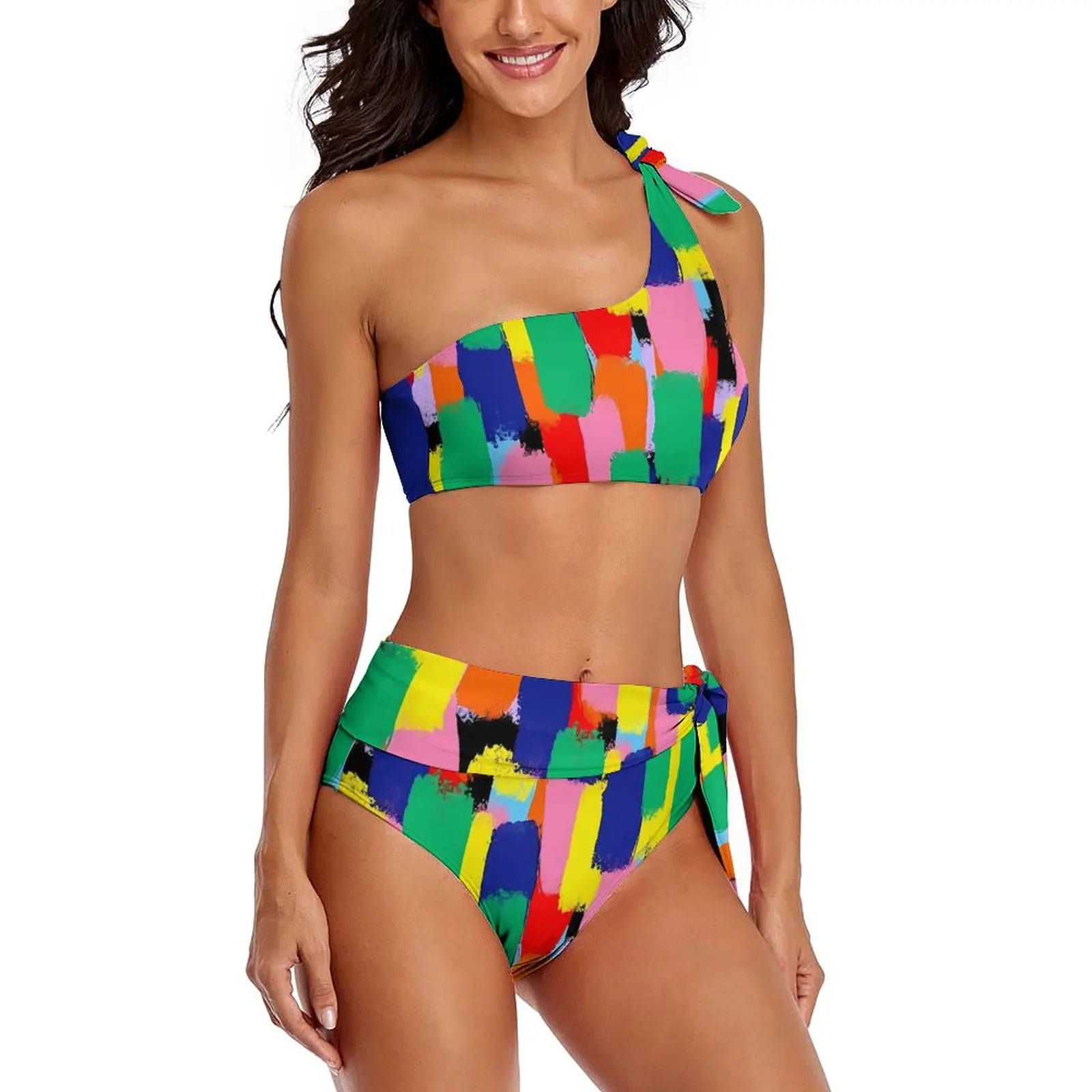 Bikini con estampado de pincel de pintura para mujer, bañador abstracto de arcoíris, traje de baño de cintura alta, conjunto de Bikini de diseño Sexy, Bikinis femeninos de realce