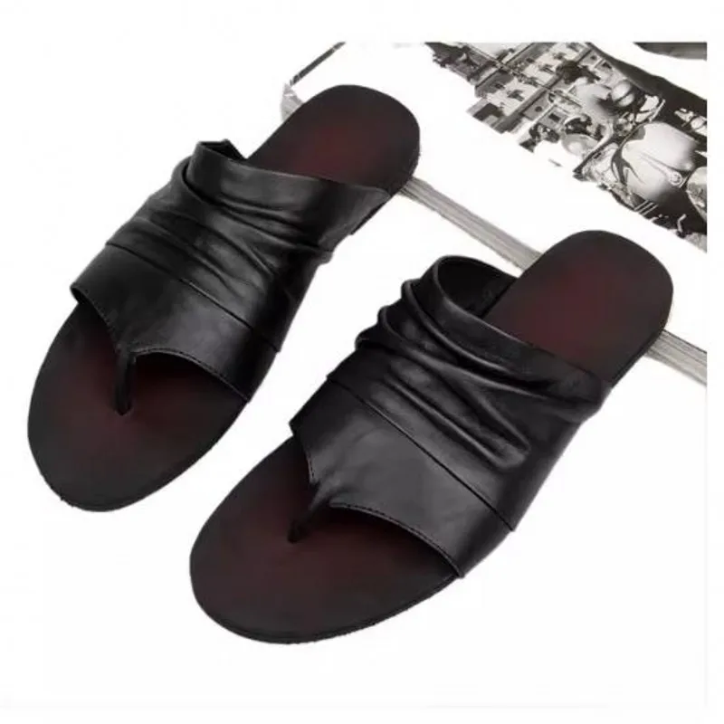White Black Genuine Leather Mens Flip Flops Summer Beach Slippers Sandals Shoes