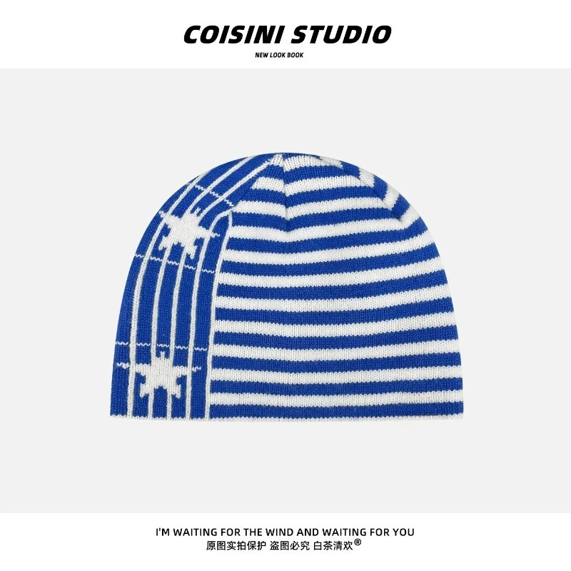 Y2K Persönlichkeits-Stern-Streifen-Strickmützen für Damen, Herbst und Winter, Street-Trend, vielseitige warme Ohrenschutz-Beanies – Detail 2