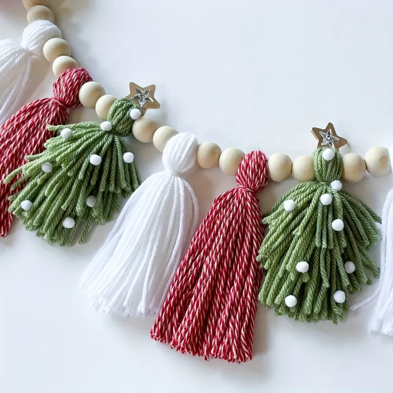 Tree Ornament - Nordic-Inspired Fleece Beads,Green & Pink Pom-Pom Tassels,Versatile Wall Decor for Holiday Celebrations