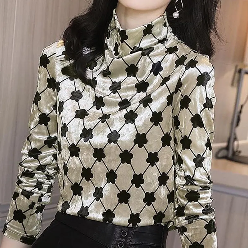 

Stylish Floral Plaid T-shirt Female Clothing Casual Half High Collar Long Sleeve 2023 Spring Autumn Commute All-match Pullovers