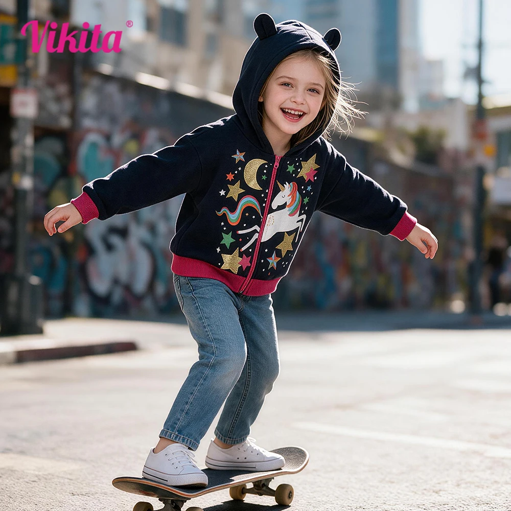 Girls Unicorn Hoodies Zip Up Jacket Kids Navy Blue Cuffs Sweatshirt Streetwear Fall Winter Sports Casual Cotton Coat Outfits