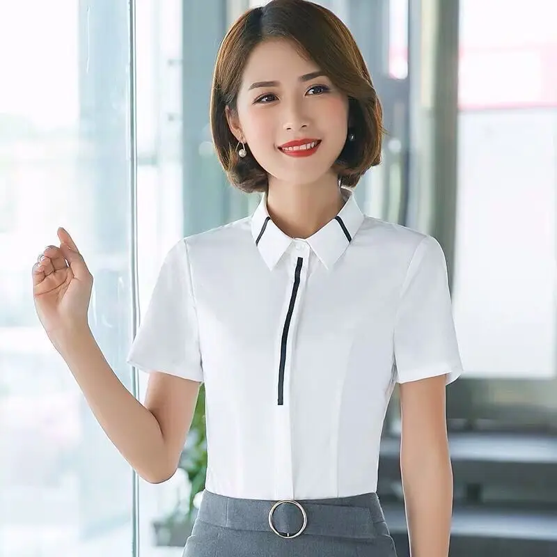 Spring Summer New White Office Slim Blouse Polo Neck Long Sleeve Bow Patchwork Solid Shirt Tops Elegant Fashion Women Clothing