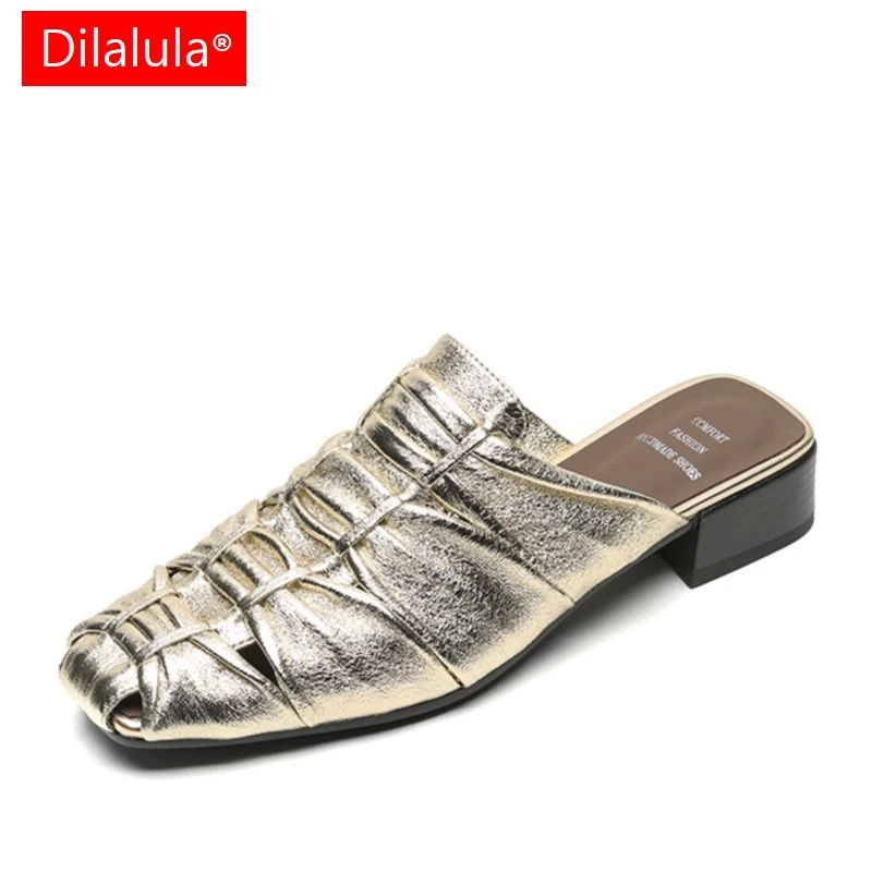 

Dilalula 2025 шлепанцы из овчины для женщин, модные повседневные шлепанцы с закрытым носком, женские летние плиссированные кожаные шлепанцы для прогулок