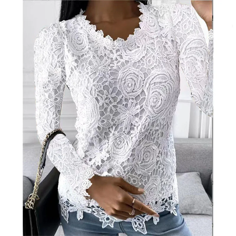 Summer Fashion Woman Pulovers Blouses Lace Hollow Out Long Sleeves Solid T-shirt Korean Style Star Girl Top Y2K