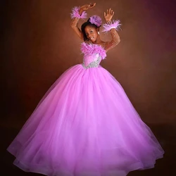 Luxury Feather Flower Girl Dresses Customized Ball Gown Bead Little Girl Wedding Gowns Long Sleeve Communion Girls Pageant Dress