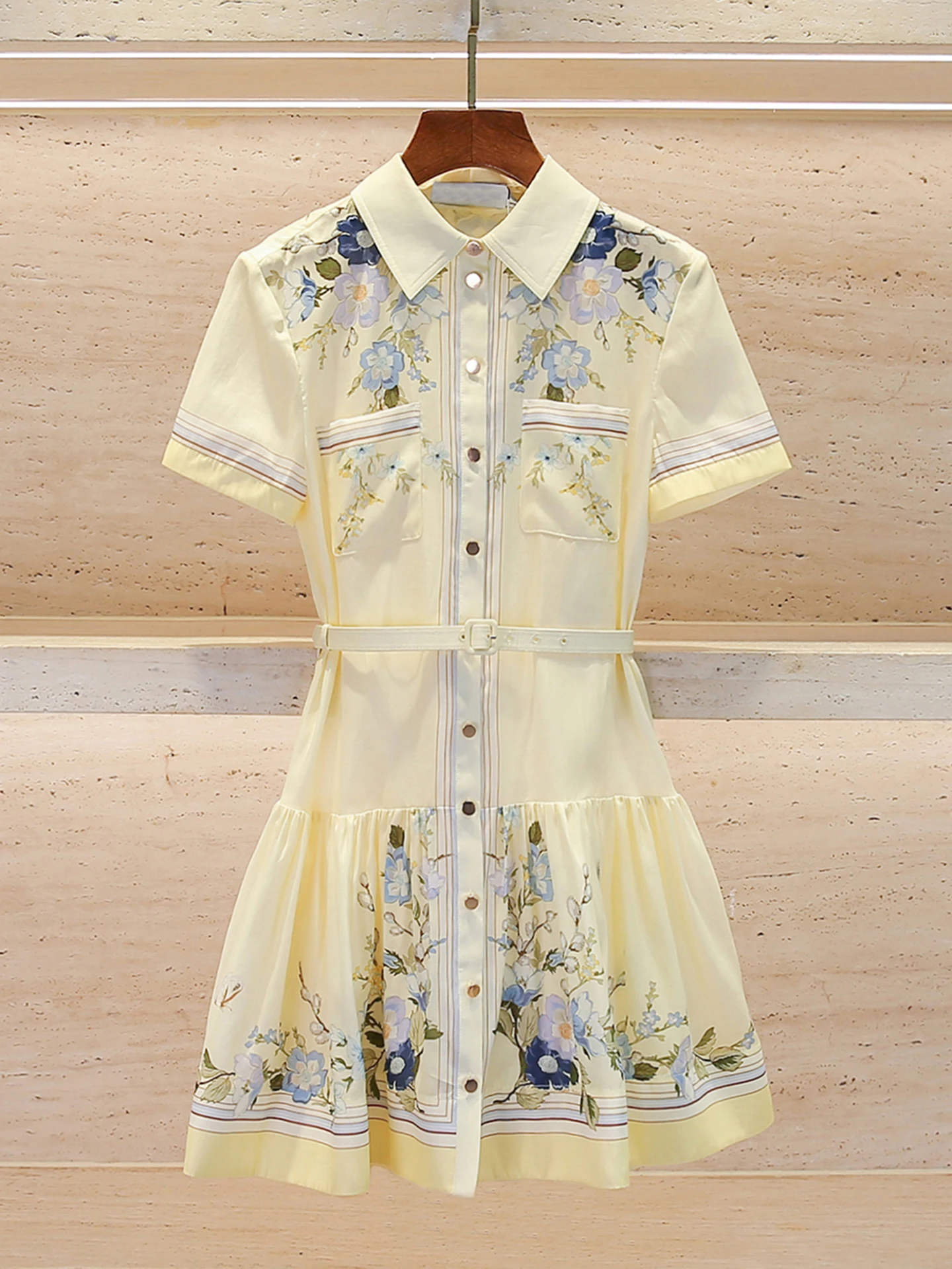 

Spring Summer Floral Print Shirt Dress Slim Fit Turn-down Collar Short Sleeve A-Line Skirt for Women Casual Daily Wear