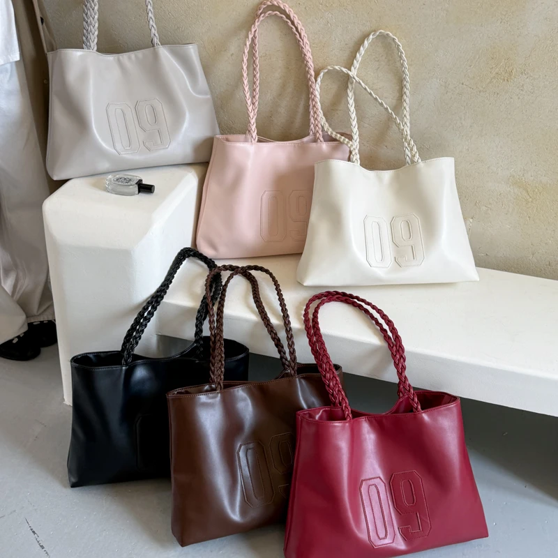 Women Daily Travel Large Tote Bags Number Pattern PU Leather Shoulder Bag Braided Strap Design Casual Work School Shopping Bag