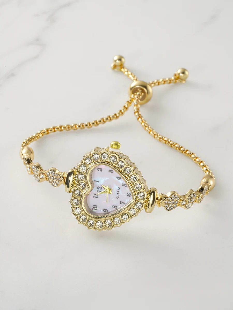 Clariva 1pc Women's Gold-Color Alloy Bracelet Featuring A Heart-Shaped Watch Case With Arabic Numerals On The Watch Dial,