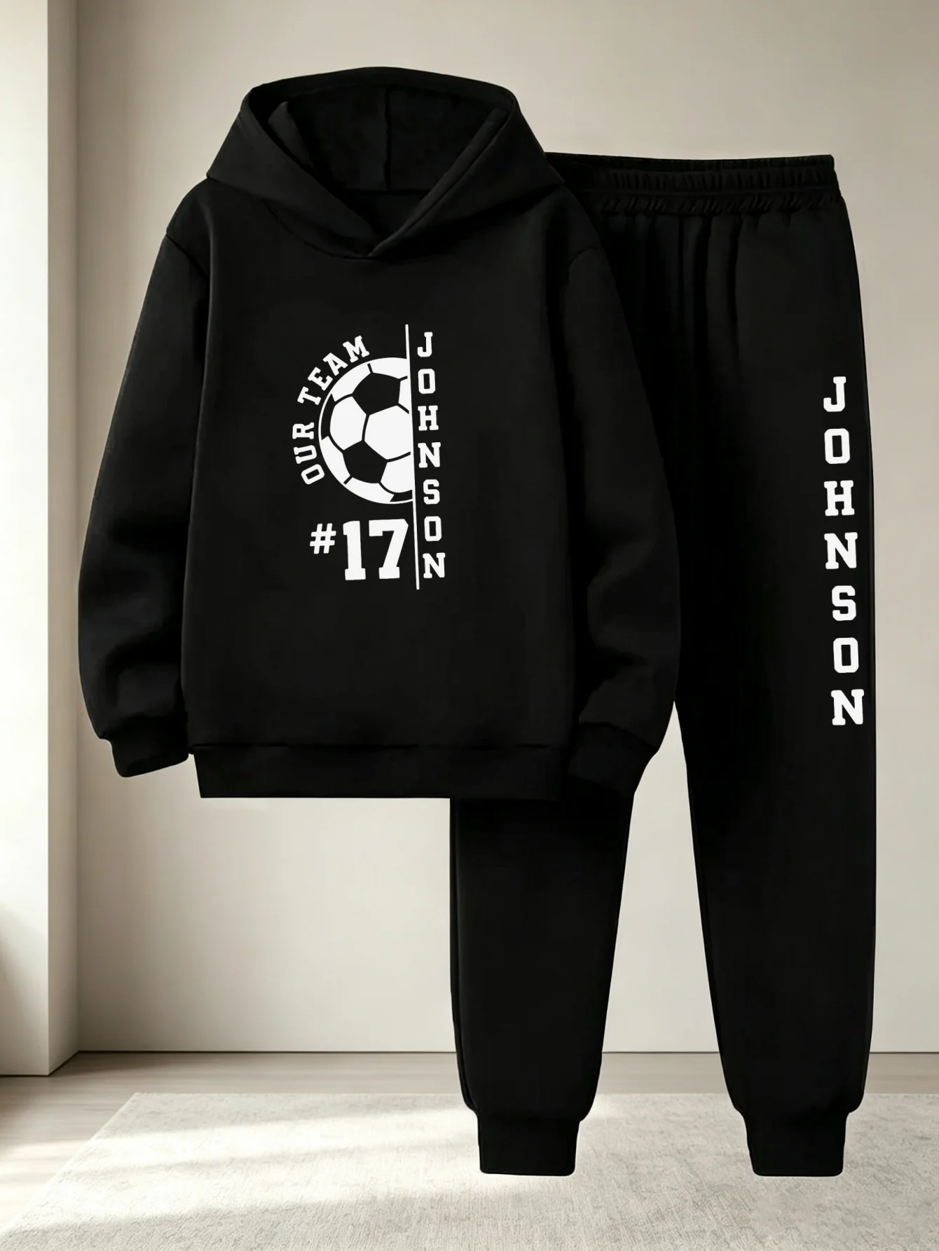 pcs Girls' Football Outfit Set with No.17 JOHNSON Hoodie, Matched with Black Cuffed Sweatpants. Features Vertical Printed Footb