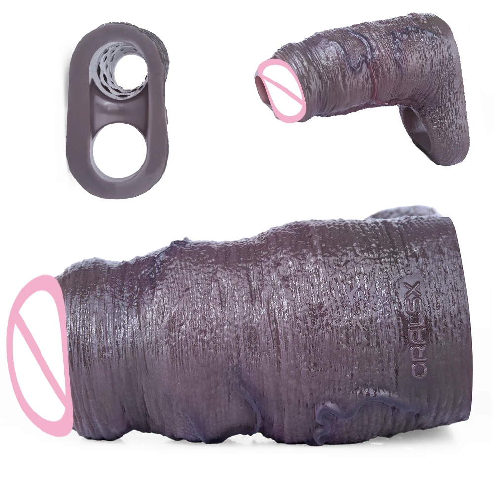 ORALSX Black Open-ended Penis Extender Sleeve Device With Cock Ring Reusable Pleasure Dildo Sheath Adult Sex Toys For Couple