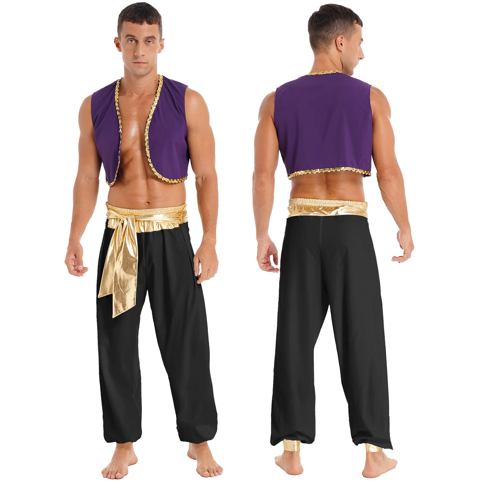 Mens Halloween Arabische Prins Kostuum Mythische Aladins Party Cosplay Fancy Dress Outfit Pailletten Trim Vest met Gordel Broek