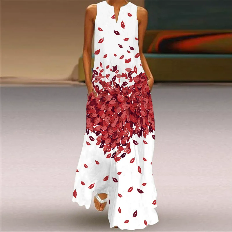 Fashion Elegant Love Heart Pattern Women Long Dresses Sleeveless 3D Print Street Ladies Maxi Dress 3XL Large Size Casual Dress
