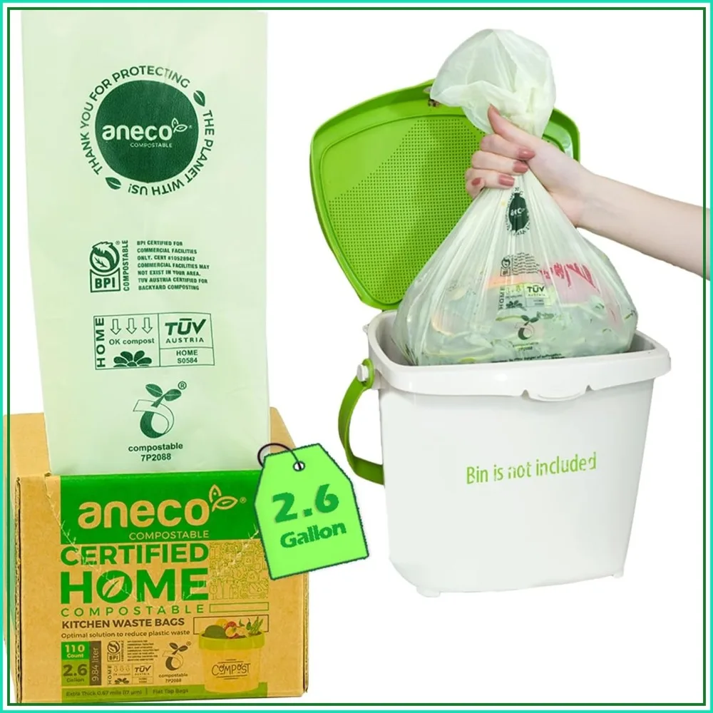 110 Count Compostable Waste Bags 2.6 Gallon, Extra Thick Kitchen Bags for Countertop Bin, Home Compostable, BPI Certified