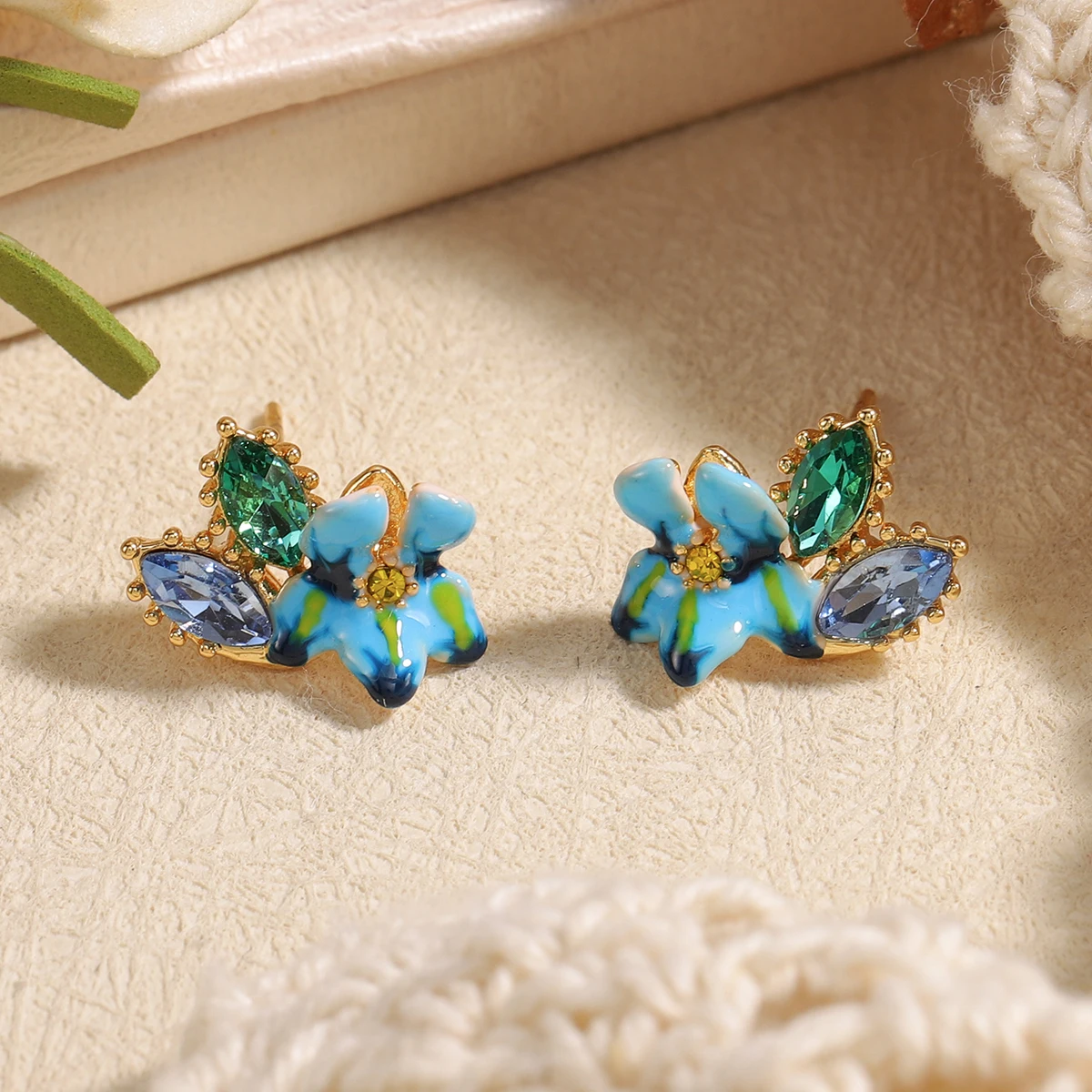 Cute Enamel Blue Floral Stud Earrings Sparkling Marquise Crystal Green Leaf Piercing Studs for Women Dainty Holiday Jewelry