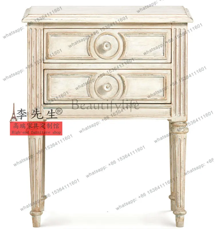 

European carved old bedside table French retro solid wood oak bedroom bedside table