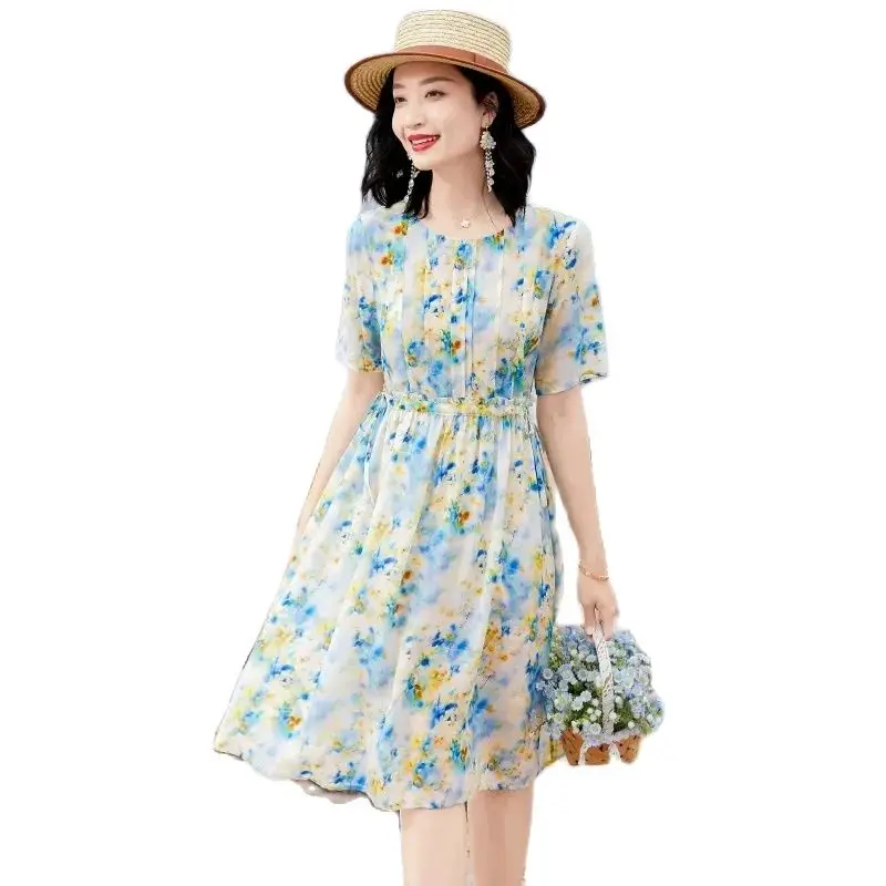 BirdTree, 100%Real Silk Fashion Dresses, Women O Neck Short Sleeve Floral, Elegant OL Oversize Fairy Dress, 2024 Summer D44872QC