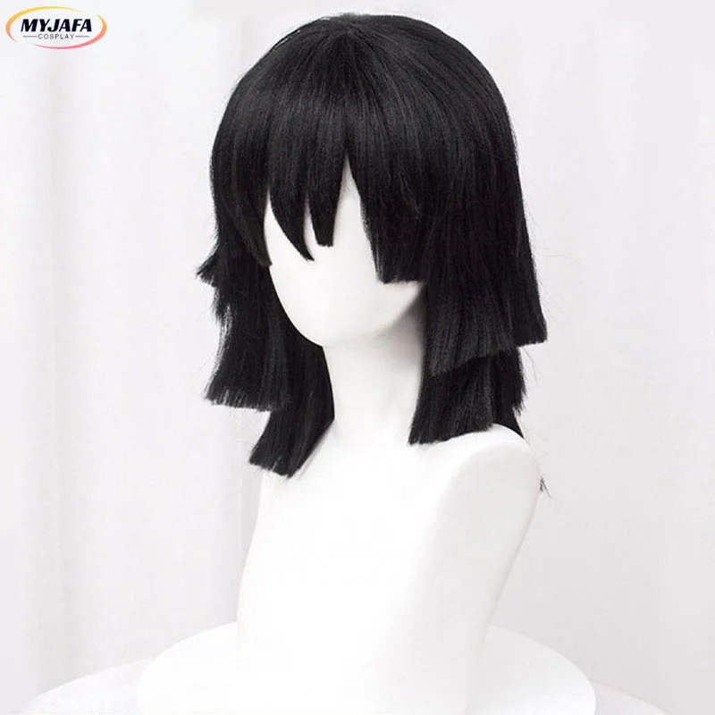 Wig Cosplay Iguro Obanai, Wig Anime rambut tahan panas bergaya hitam pendek + topi Wig