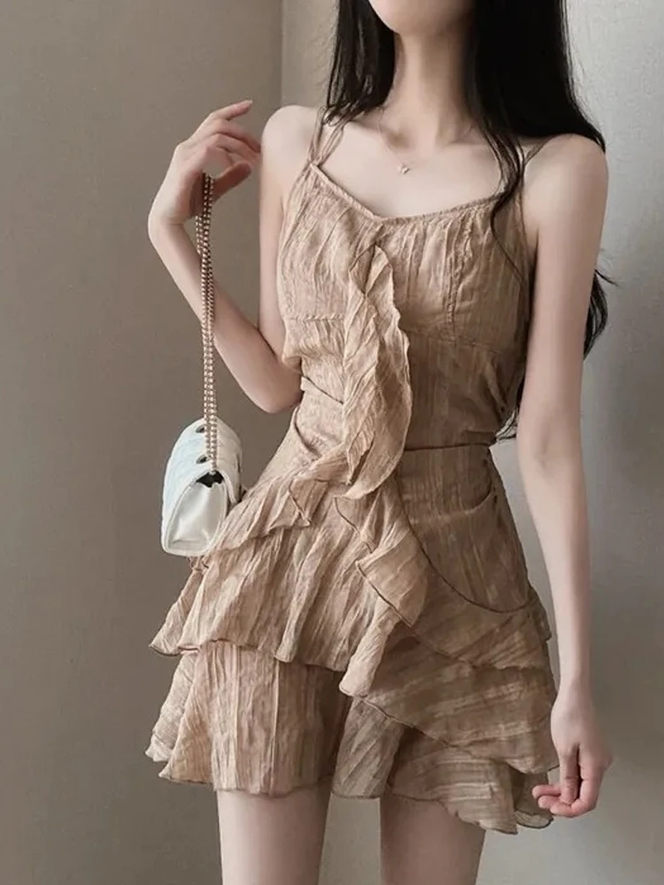 Frill Sling Dress Women Chic French sle Western Sle Age-Reducing Immortal A- line Skirt Small High Waist Short Skirt