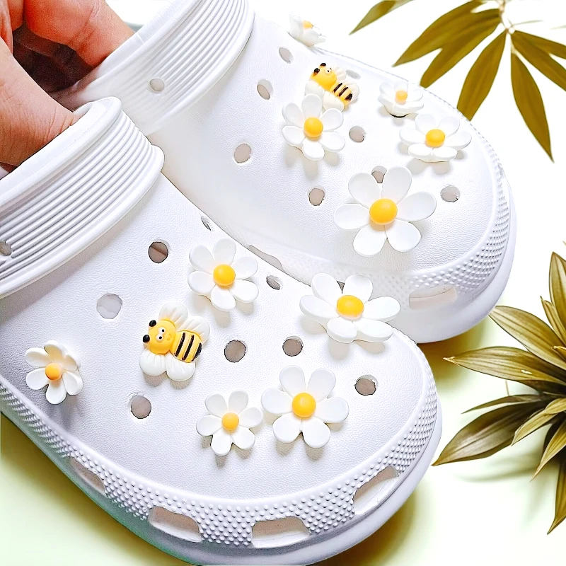 12PCS DIY Hole Shoes Charms for White Daisy Sunflower Combination Designer Quality Garden Shoe Decoration Girl Gift