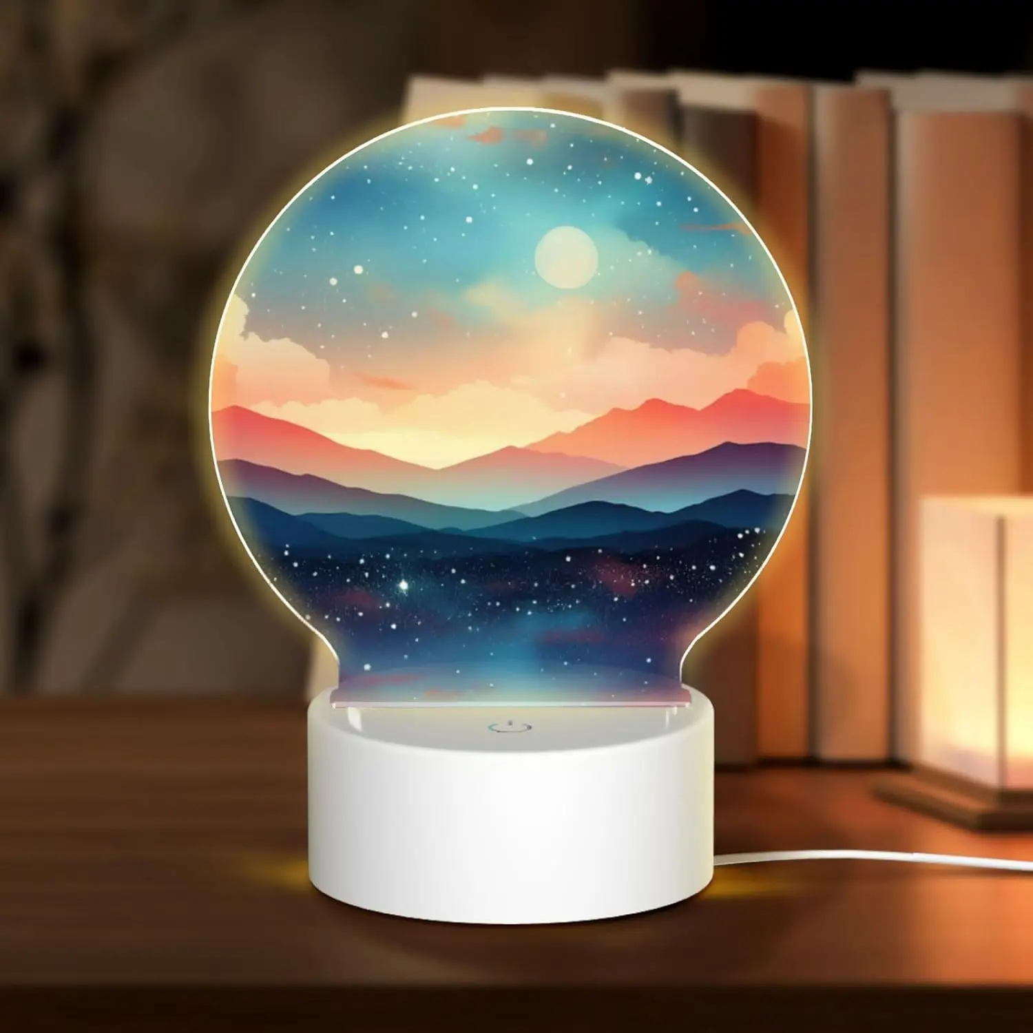 Round Acrylic Night Light, USB Plug-in, Starry Sky Printed Cute Dimmable Led Light, Elegant Ideal for Bedroom Gifts