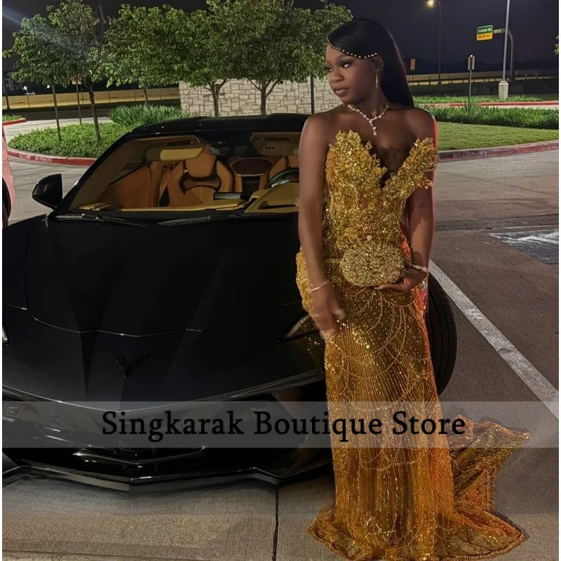 Luxury Gold Gems Prom Dress 2026 Sparkle Diamonds Mermaid Wedding Party Dress Beading Evening Gowns robe de mariage Customized