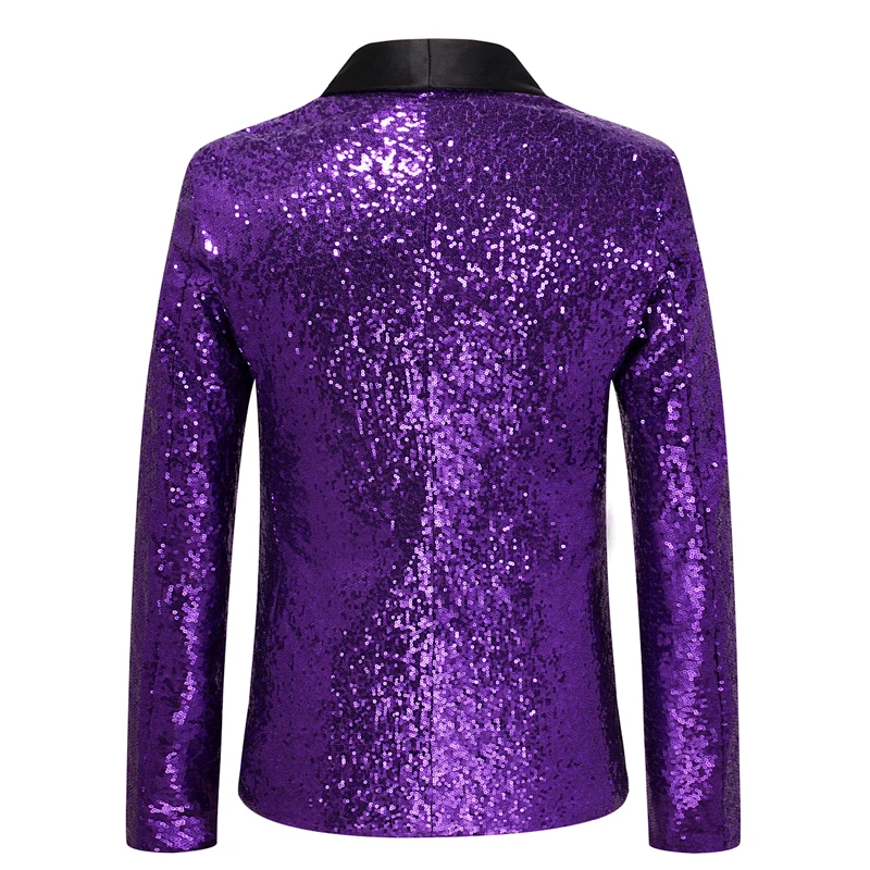 Shiny Purple Sequin Glitter Embellished Tuxedo Suit Jacket Men One Button Shawl Collar Night Club Stage Wedding Costume Homme