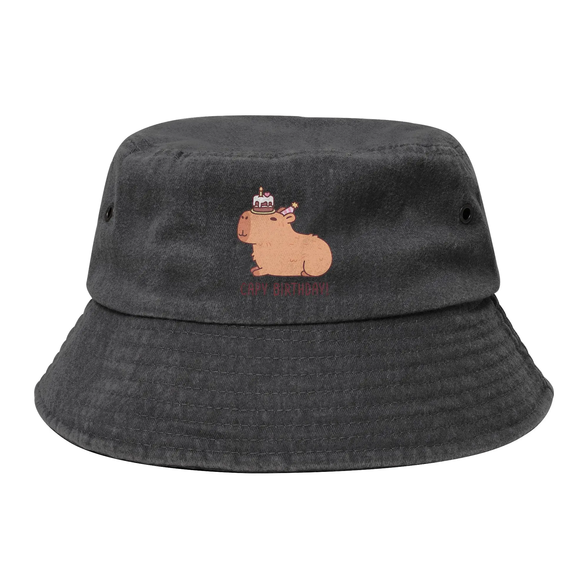Chapeau Bob Unisexe Effet Vieilli et Délavé, Motif Capybara Mignon avec Gâteau d'Anniversaire, Chapeau de Pêcheur pour Sports de Plein Air et Loisirs
