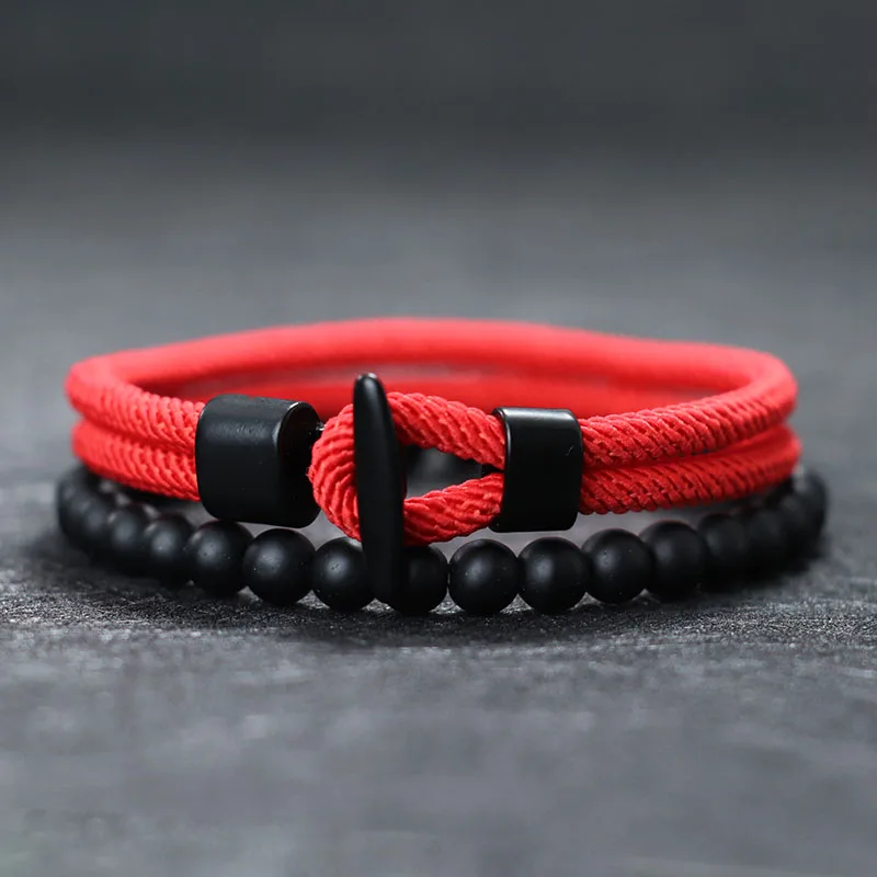 Noter New 2pcs/Set Men Bracelet Natural 6mm Onyx Stone Beaded Braclet Homme 4mm Pulseira Corda Masculina Pirate Accessories Gift