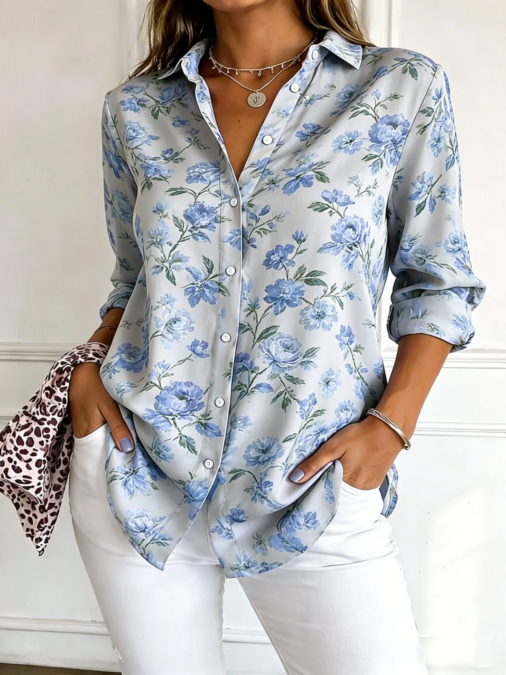 

Women's Long Sleeve Floral Print Button Down Casual Shirt Elegant Daily Blouse Tops in Blue for Spring Summer