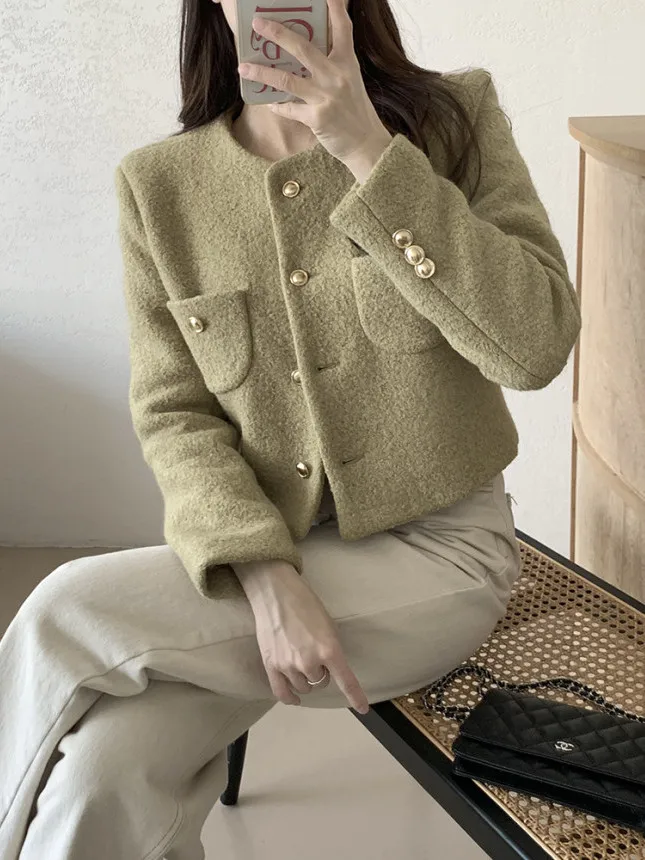 Elegant Short Korean Style Women's Coat Autumn Winter New Fashion Slim Fit Tweed Single Button Pure Color Ladylike Outerwear