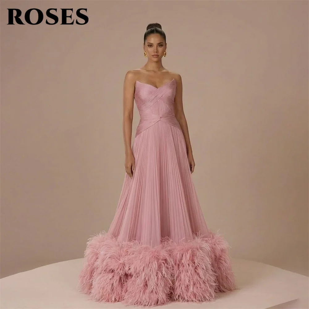 

ROSES Blush Pink Evening Dresses Sweetheart Party Dresses with Feather Trim Prom Gown A Line Pleated robes du soir Customized